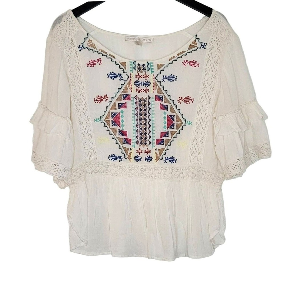 Boston Proper Top Cream Embroidered Ruffle Sleeve Peasant Boho Cottage XS